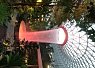View of a large indoor garden space with a curved, flower-like structure glowing pink at the center and surrounded by lush greenery under a geometric glass roof