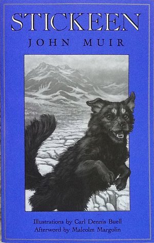 Illustration of a black dog with a mountainous glacier landscape in the background on a book cover titled Stickeen by John Muir
