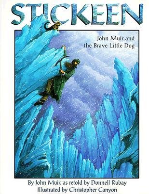 Illustration of a man climbing a sharp blue glacier with a small dog helping him, with snow falling around them