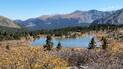 Small lake surrounded by evergreen trees and autumn shrubs, with rugged mountains in the background under a clear blue sky