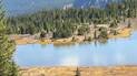 Mountain lake surrounded by green pine trees and golden grasses under a clear sky