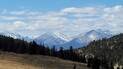 Snow-capped mountain peaks under a partly cloudy blue sky with a forested ridge and open grassy foreground