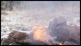 small campfire burning among rocks in a snowy forest clearing with smoke rising