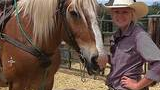 Person wearing a cowboy hat and western attire standing next to a saddled horse in an outdoor paddock under a clear blue sky