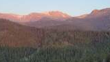 Sunset light casting a warm glow on distant snow-patched mountains above a dense forested ridge