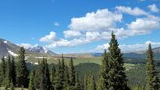 View over a dense evergreen forest with snow patches on mountains under a blue sky scattered with fluffy white clouds