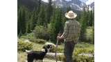 Person wearing a plaid shirt and cowboy hat standing on a grassy area with two black and white dogs, surrounded by evergreen trees and mountains with patches of snow in the background