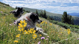 Two border collies resting in a colorful wildflower meadow on a sunny mountain hillside with distant forested peaks under a blue sky with scattered clouds
