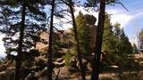 rocky outcrop surrounded by tall pine trees under a partly cloudy blue sky