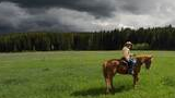 Man riding a brown horse across a green meadow with dark storm clouds overhead and a forested tree line in the background