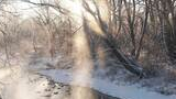 Sunlight streaming through bare trees over a gently flowing river bordered by snow-covered banks and frosted vegetation
