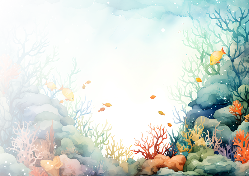 Colorful coral reef with various small tropical fish swimming among coral branches under clear water