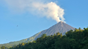 Volcano emitting a thick plume of white smoke against a clear blue sky above a lush green forest