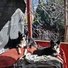 Two black and white border collies resting on a red cushioned surface with a blanket, outdoors near bare trees and a black tarp on a sunny day