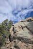 Large granite boulders with pine trees growing nearby under a partly cloudy blue sky