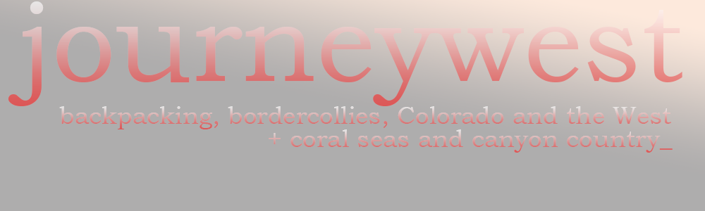 The word journeywest in large, fading red and pink text with the subtitle about backpacking, border collies, Colorado, and coral seas