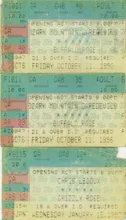 Three vintage concert tickets with details including event code, price, seat location, opening act start times, headliner band names, and dates from October 1996 and January 1997
