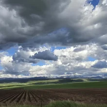 Expansive farmland with freshly plowed rows under a sky filled with large, dramatic clouds casting shadows on distant mountains