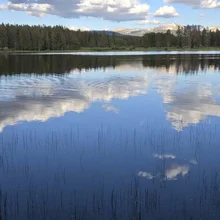 Calm lake reflecting clouds, trees, and distant mountains under a blue sky